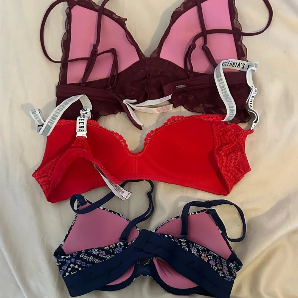 Victoria's Secret Pink Lace and Floral Bra, burgundy cross strap bra Set of 3 - Picture 4 of 4